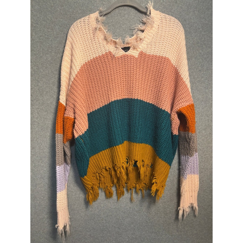 Runway 7 Colorblock Distressed Fringe Sweater 1X Boho Festival Oversized